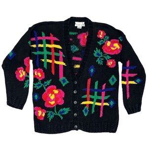 Vintage IZOD Womens Lg Hand Knit Retro Colorful Dopamine Cardigan Sweater Floral